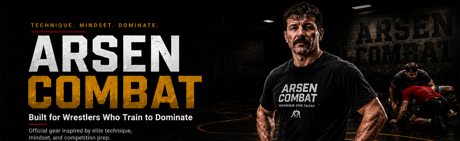 Man wearing an Arsen Combat shirt with promotional text on a dark background